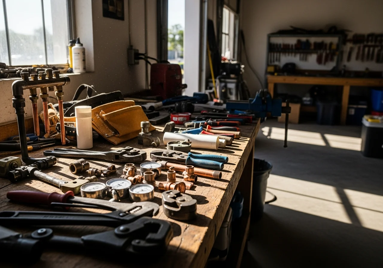 Professional plumbing and HVAC tools arranged on a workbench, representing the skilled trades and equipment used in residential service work.