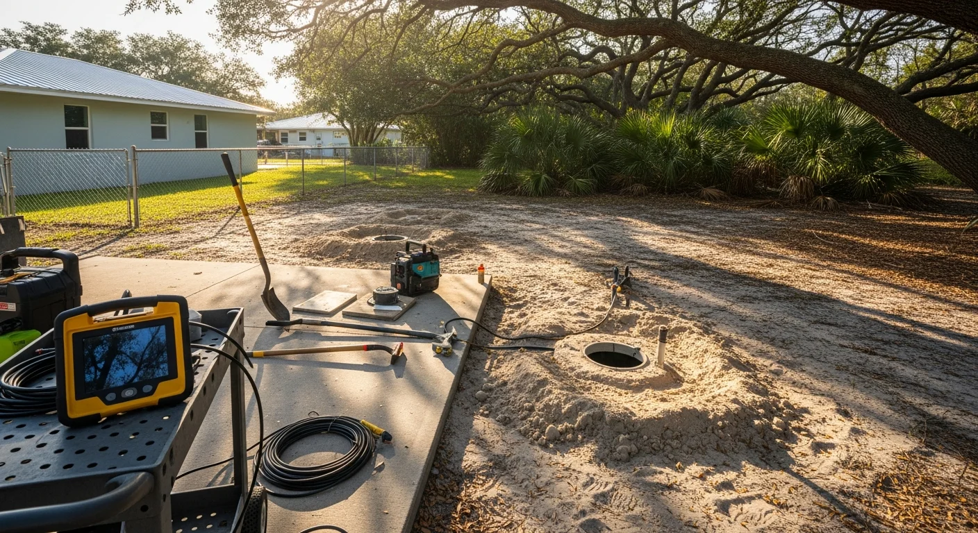 Septic system tank being serviced in a residential yard