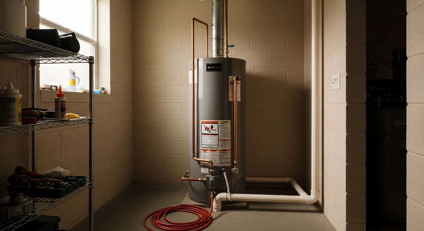 Technician installing a new water heater in a home utility room
