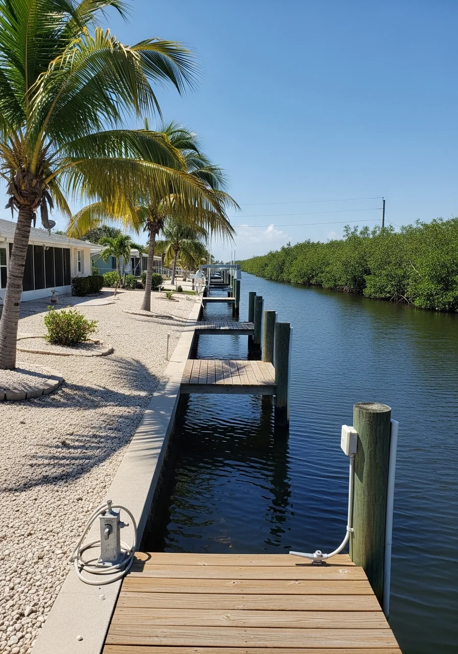 A Cape Coral canal-front property with a residential home, dock, and palm trees along the water's edge.
