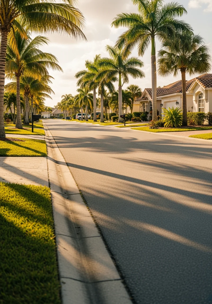 A Port Charlotte residential street lined with palm trees and single-family homes typical of the area's neighborhoods.