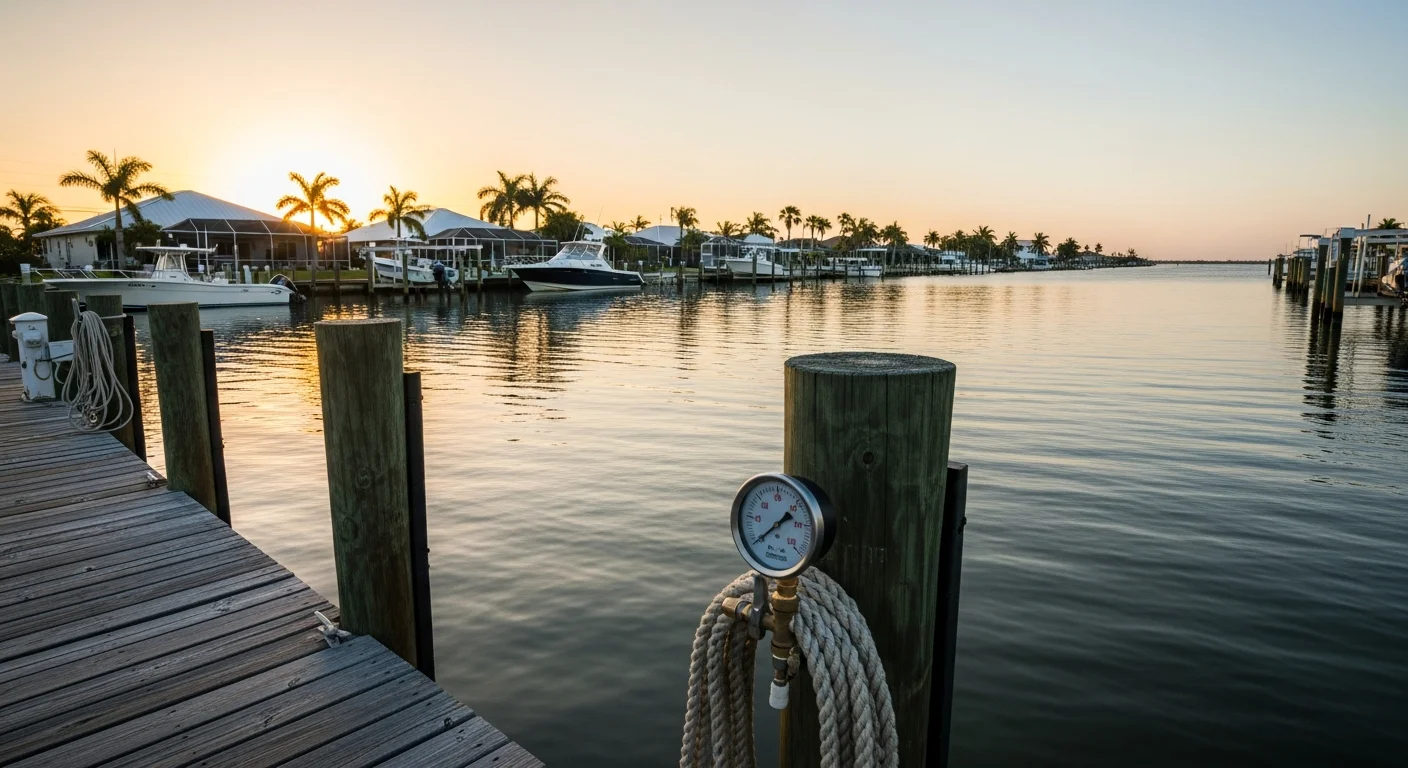 Waterfront homes and docks along Port Charlotte's Gulf Coast shoreline with calm water and residential properties visible.