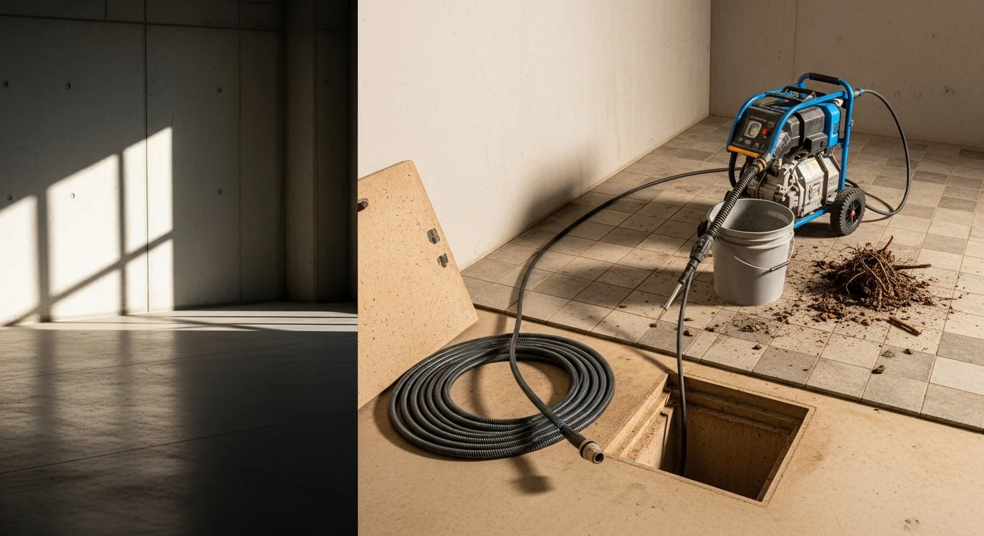 A plumber using professional drain cleaning equipment on a clogged main sewer line at a slab-foundation home in Port Charlotte, Florida. The work area shows a cleanout access point with drain hose inserted into the pipe.