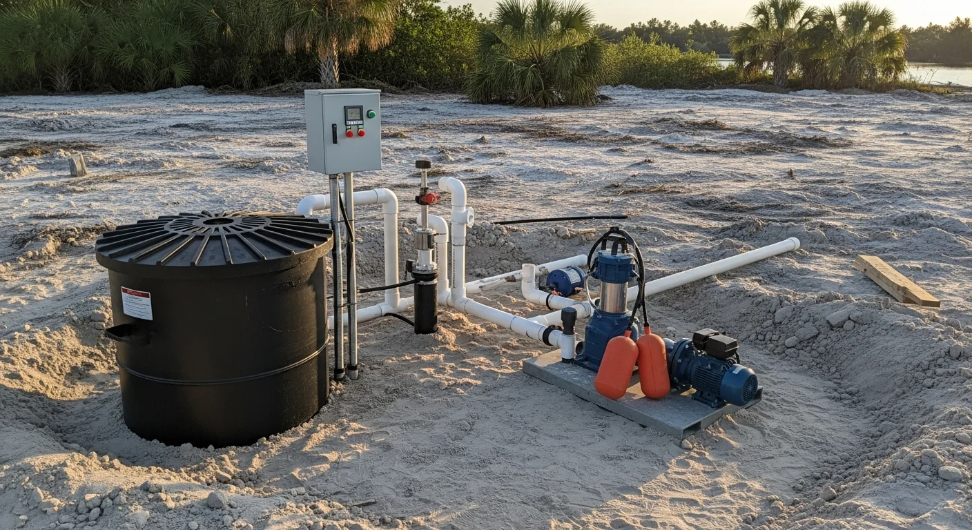 A newly installed residential lift station wet well set flush with the ground on a Port Charlotte property, with a control panel and alarm box mounted on a nearby post. The surrounding yard shows fresh soil grading after excavation and installation.