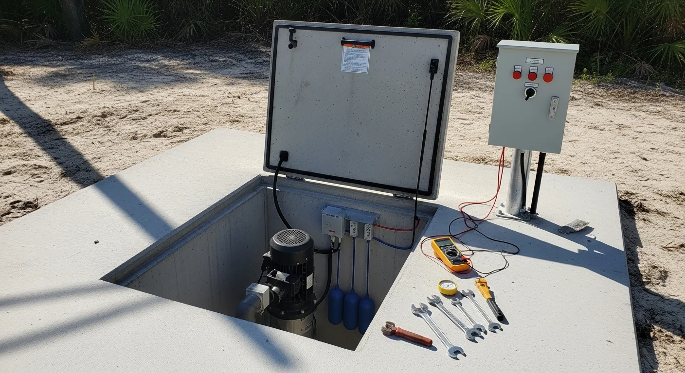 A residential lift station access panel open in a Port Charlotte yard, showing a submersible pump and float switch assembly being inspected by a septic technician. Sandy Florida soil and a concrete riser surround the station during a repair service call.