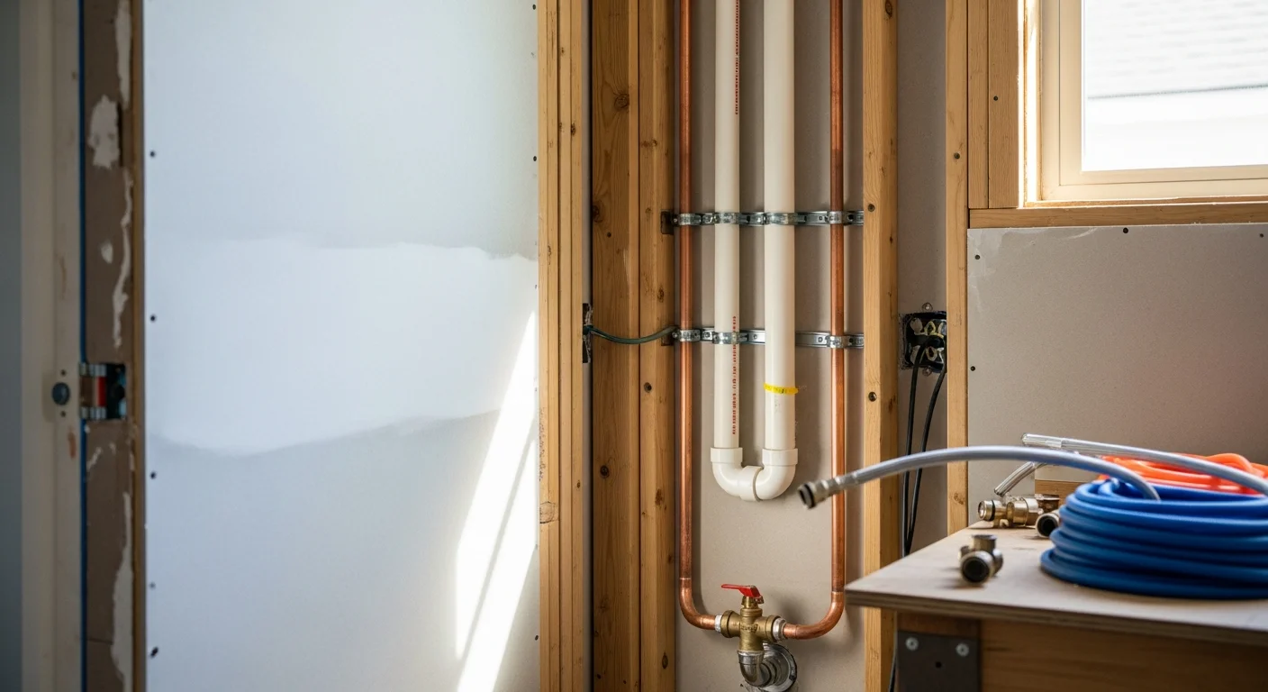 A licensed plumber from Brozanski Home Services connecting supply lines and drain rough-in beneath a bathroom vanity inside a Port Charlotte, Florida home. New copper and PVC pipe runs are visible in the open wall cavity, with finished drywall and tile work surrounding the installation area.