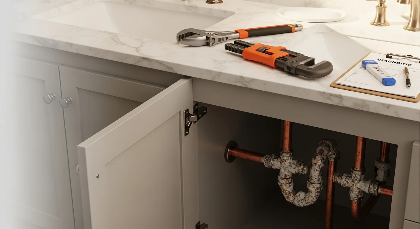 A licensed plumber repairing a leaking pipe under a kitchen sink in a Port Charlotte, Florida home. The work area shows exposed supply lines and drain connections typical of residential plumbing repair.