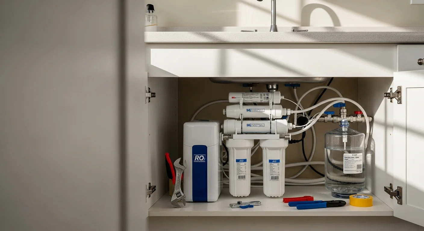 A stainless-steel reverse osmosis faucet mounted on a kitchen sink countertop in a Port Charlotte home, with the multi-stage filtration unit and storage tank visible inside the cabinet below.