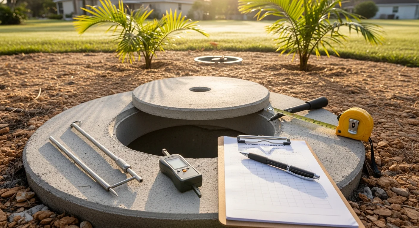 A septic system technician from Brozanski Home Services inspecting an open septic tank access port at a residential property in Port Charlotte, Florida. The surrounding yard shows flat terrain typical of Charlotte County, with the drain field area visible in the background.
