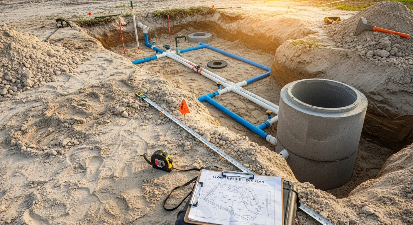 A newly installed residential septic system in Port Charlotte, Florida, showing a concrete tank set in excavated sandy soil with a connected drain field laid out across a flat residential lot. The surrounding yard is graded and ready for restoration after installation.