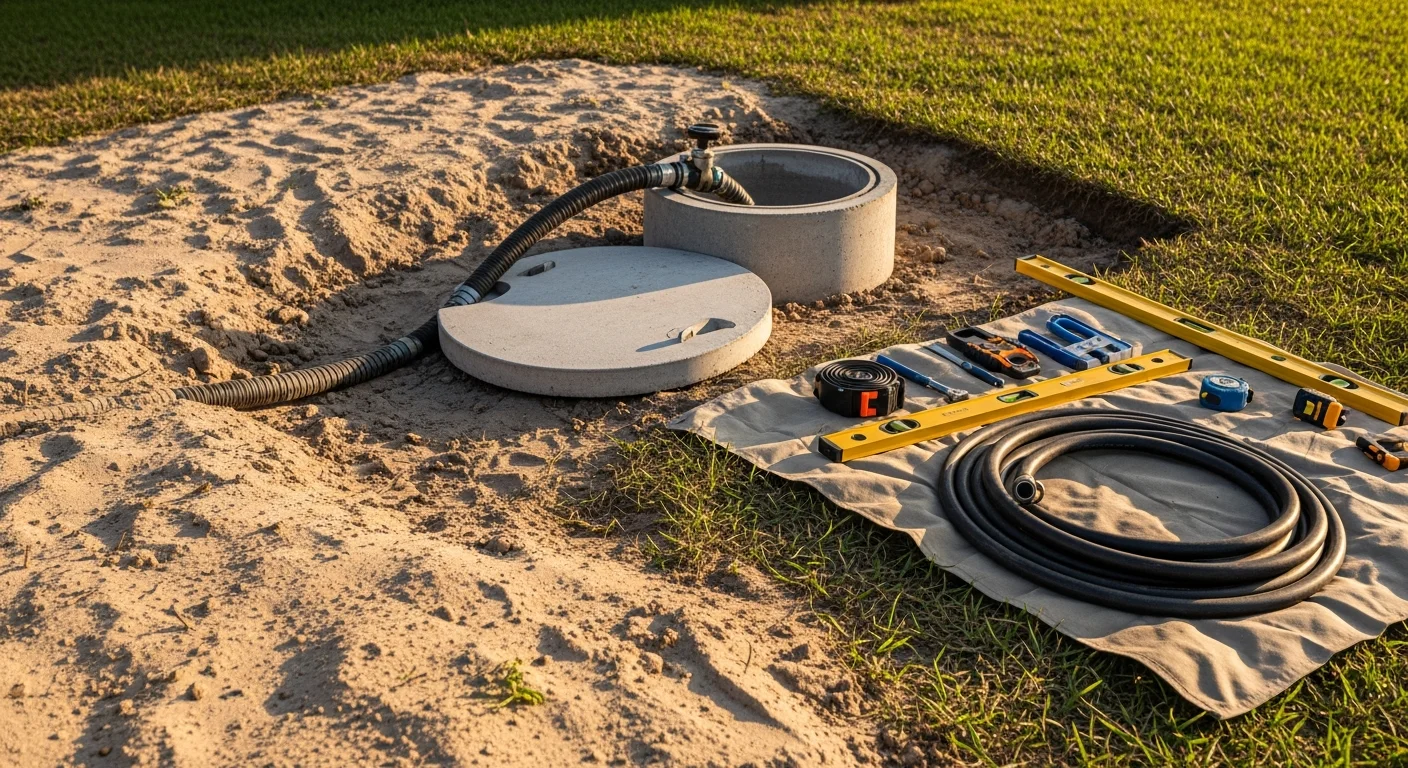 A septic tank access lid open in a Port Charlotte residential yard with a service technician inspecting the tank interior. Sandy Florida soil and a low-grade lawn surround the work area.