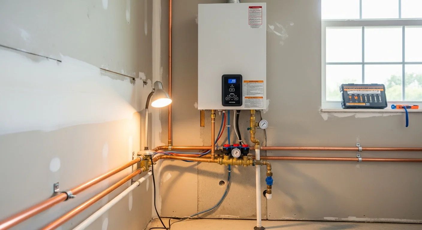 A wall-mounted tankless water heater installed in a Port Charlotte home utility area, with copper supply lines and a gas connection visible. The compact unit replaces a traditional storage tank, freeing up floor space in the mechanical room.