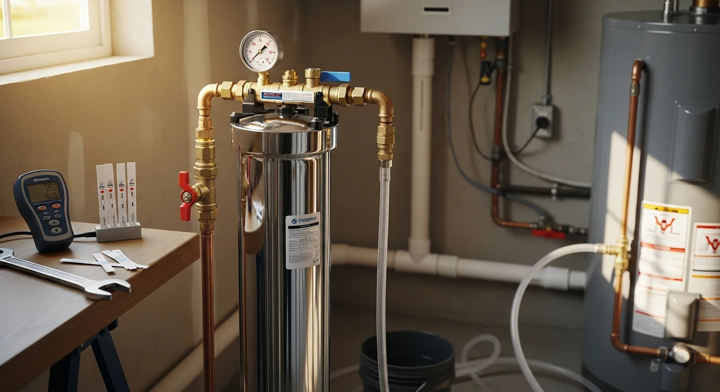 A whole-house water filtration system installed inline on the main supply line inside a Port Charlotte home's utility room. The unit is wall-mounted with shut-off valves on each side and clear filter housings showing clean sediment and carbon filter stages.