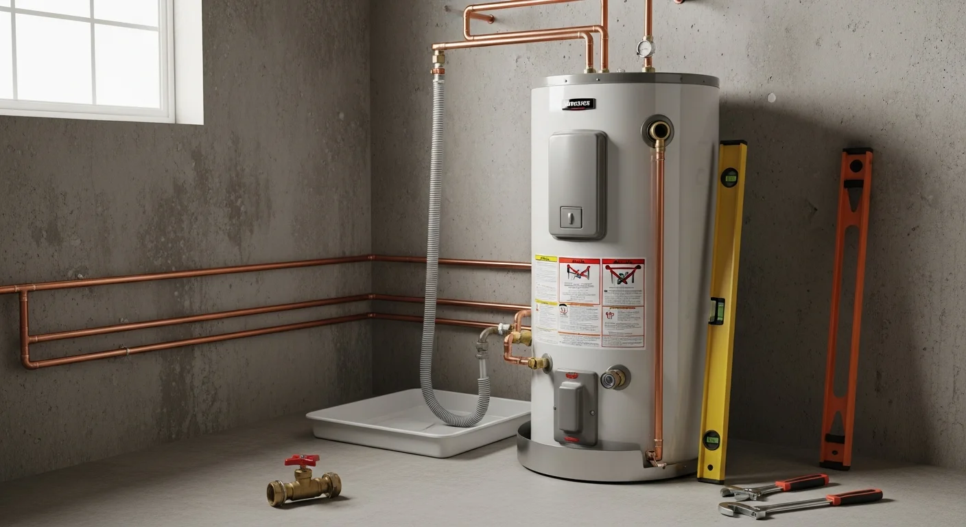 A licensed plumber from Brozanski Home Services connecting a new water heater in a Port Charlotte home utility closet. The installation shows a properly positioned drain pan and secure water line connections.