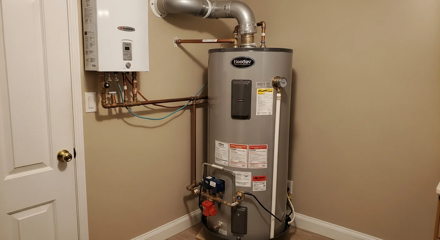 A licensed plumber from Brozanski Home Services inspecting a residential tank water heater in a Port Charlotte home utility room. The technician checks connections and components on a unit showing signs of mineral buildup from the local hard water supply.