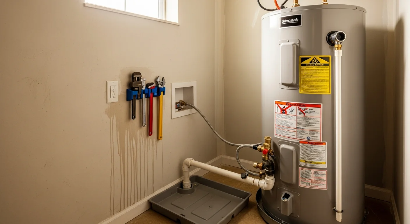 A newly installed water heater in a Port Charlotte home utility area, with clean copper connections and a properly positioned drain pan below the unit. The old unit has been removed and the installation area is clear and code-compliant.