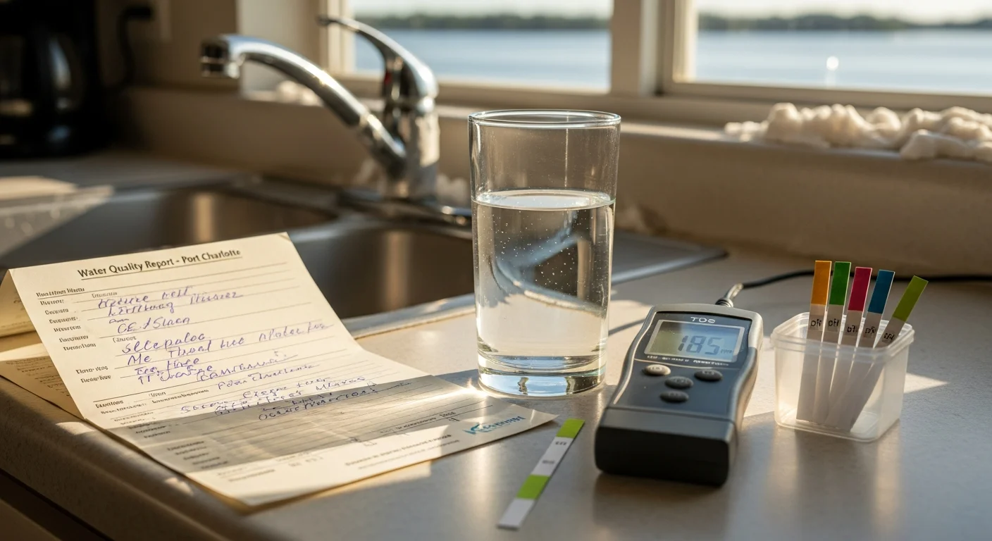 A water quality testing technician collecting a tap water sample at a kitchen sink inside a Port Charlotte, Florida home. A testing kit and written results sheet are visible on the countertop.