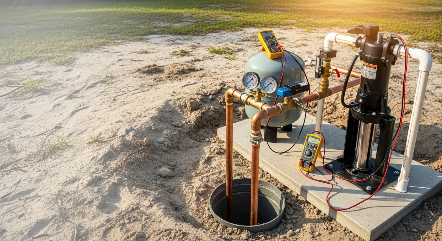 A newly installed submersible well pump system with pressure tank and electrical connections set up in a Port Charlotte, Florida residential utility area. The wellhead, pressure gauge, and supply lines are visible and fully connected.