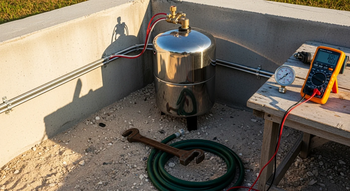 A well pump pressure tank and control box installed in a Port Charlotte, Florida home utility area, showing recently serviced components and connected wiring. A technician checks the pressure gauge reading on the tank during a routine well pump inspection.